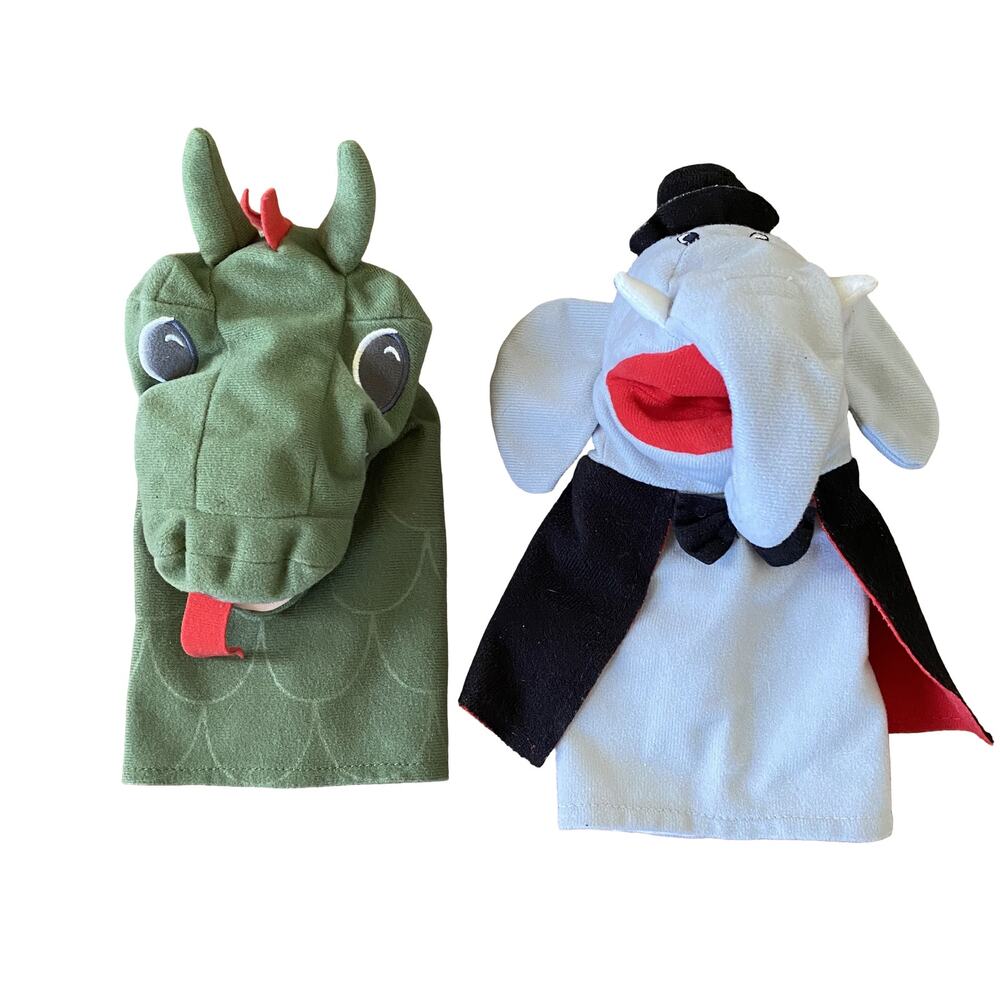 Vintage Hand Puppet Set of 2 Dragon & Magician Elephant with Cape and Hat